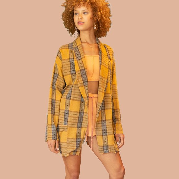 POL Oversized Boho Yellow and Blue Plaid Blazer Jacket - Picture 6 of 11